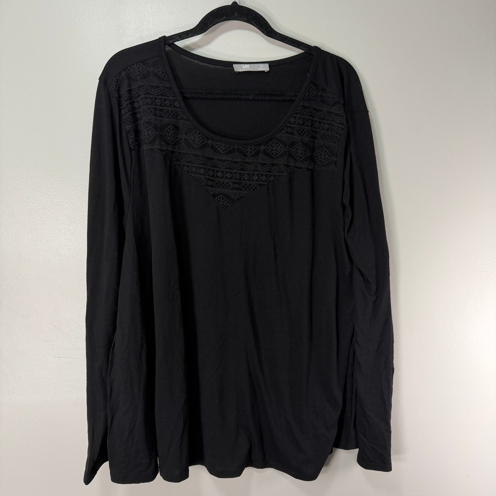 Lee Riders Top Womens 3X Black Poly Rayon Embroidered Long Sleeve Scoop Neck